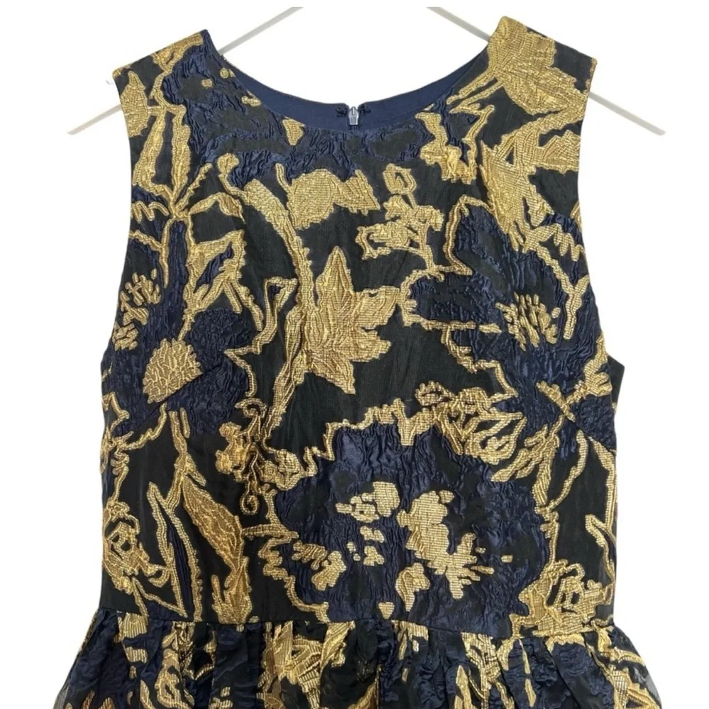 NEW NWT Mac Duggal Cocktail Dress Gown Blue Gold Brocade Size 10 Ruffle - Picture 8 of 15